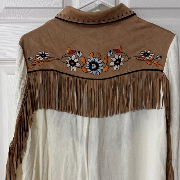 Embroidered Button Down Shirt - Cream and Brown - Picture 4 of 8